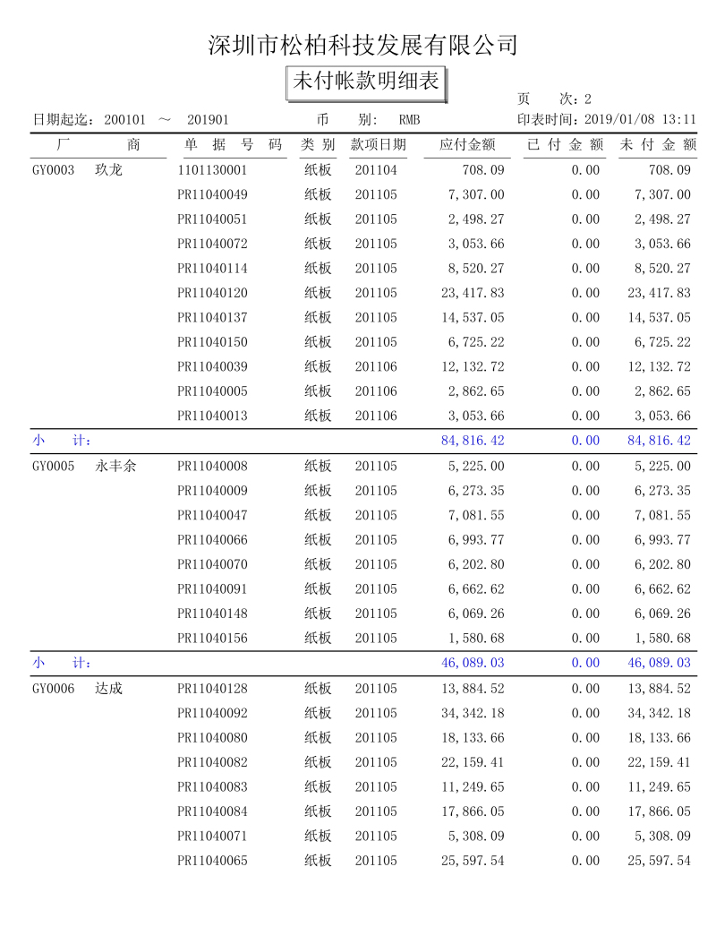 未付账款明细表